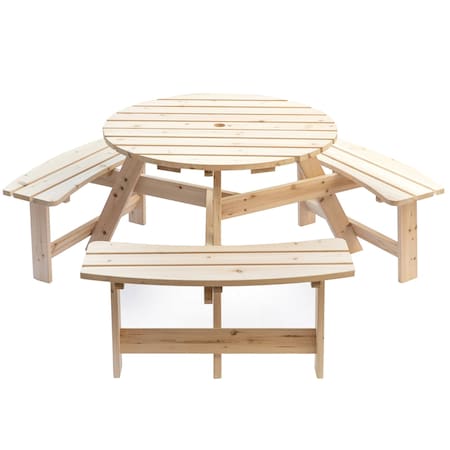 Gardenised Outdoor Round Picnic Table with Bench & Umbrella Hole, 6-Person, Natural Wood QI003904.N